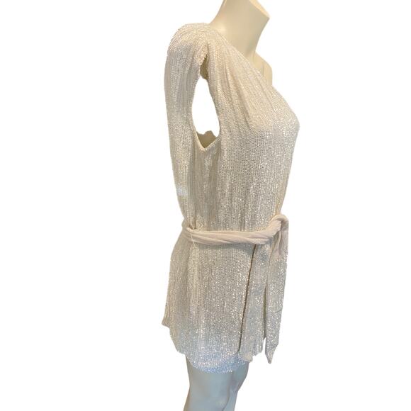 Retrofete Ella Dress One Shoulder Sequin Tie Mini White Small - Picture 7 of 9